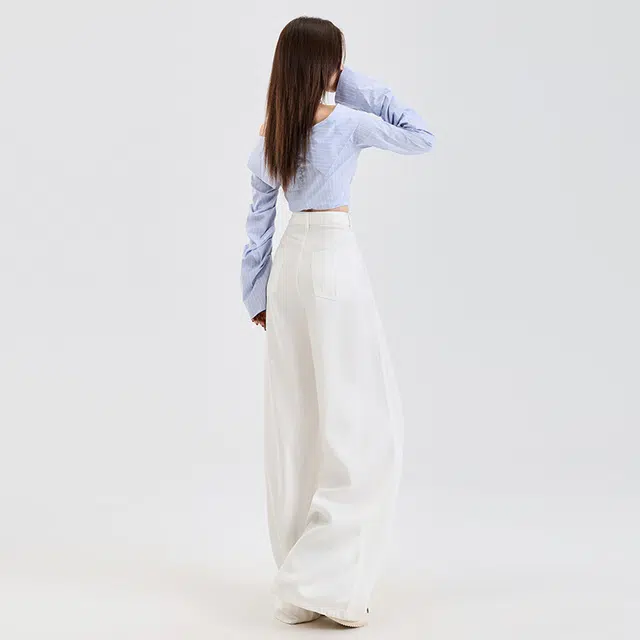 玫丝朵 美式纯色简约百搭宽松阔腿拖地牛仔裤 女款