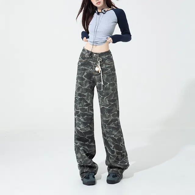 玫丝朵 美式复古时尚百搭宽松阔腿牛仔裤 女款 深海黑纹