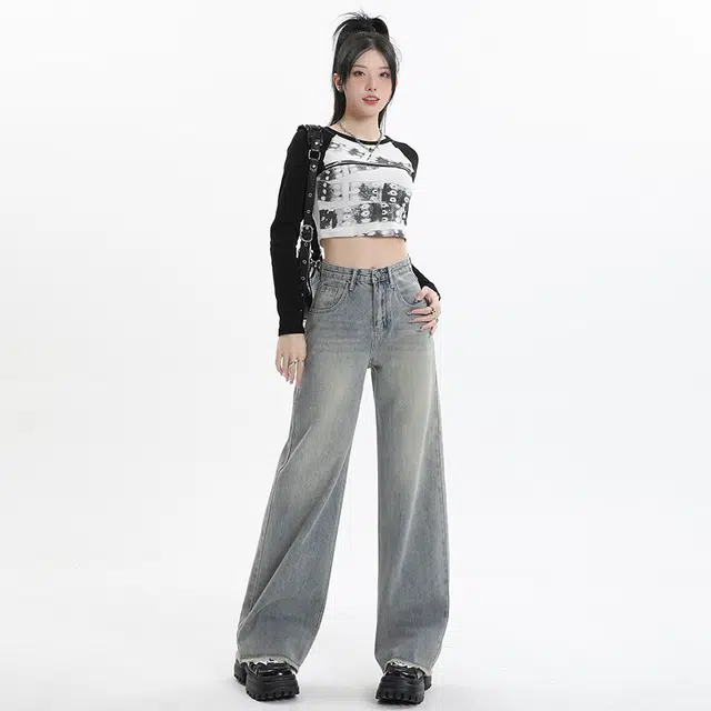 玫丝朵 复古高腰拉链宽松直筒牛仔裤 女款 怀旧蓝