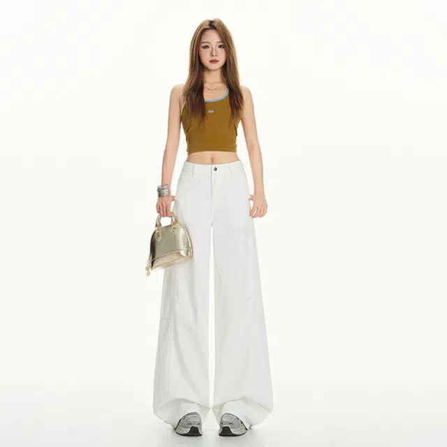 玫丝朵 美式复古设计感拼接纯色简约百搭宽松阔腿直筒牛仔裤 女款