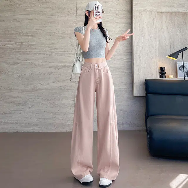 玫丝朵 美式复古弯刀设计感阔腿高腰垂感宽松直筒裤牛仔裤 女款