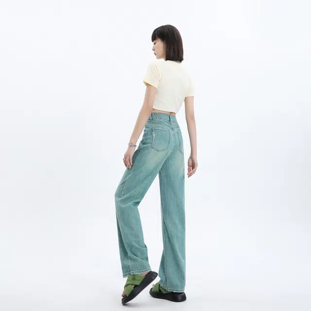 玫丝朵 美式破洞毛边设计高腰垂感阔腿牛仔裤 女款 翡翠绿