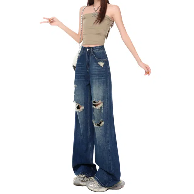 玫丝朵 美式复古破洞阔腿宽松显瘦直筒拖地牛仔裤 女款