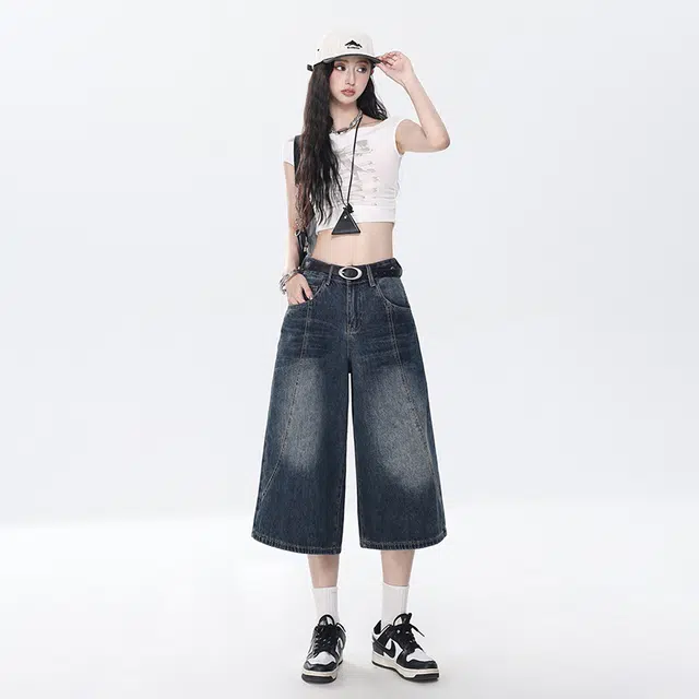 玫丝朵 美式复古高腰宽松七分直筒牛仔短裤  女款