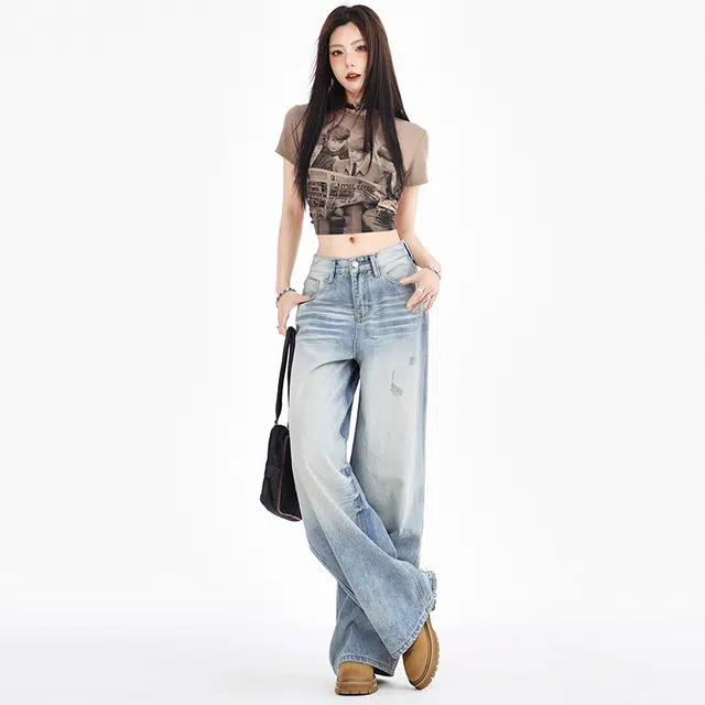 玫丝朵 美式街头做旧水洗磨白直筒阔腿拉链牛仔裤 女款 浅蓝