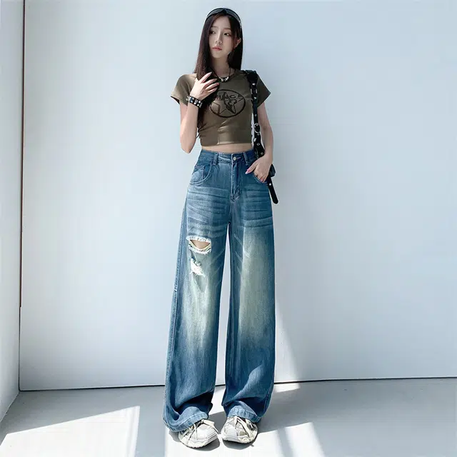 玫丝朵 美式复古舒适阔腿时尚百搭宽松简约牛仔裤 女款