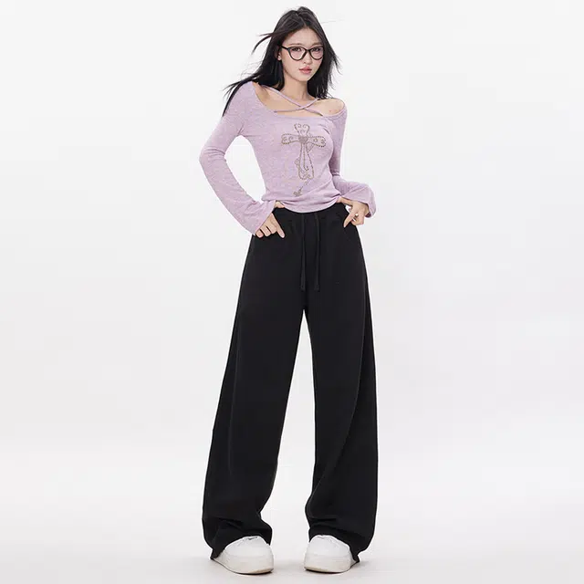 玫丝朵 简约百搭弯刀裤设计高腰宽松阔腿休闲裤 女款 白色