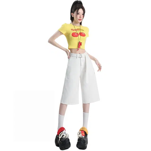 玫丝朵 高腰阔腿宽松显瘦百搭牛仔短裤 女款