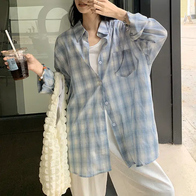 玫丝朵 美式慵懒风开衫格子薄款时尚百搭宽松长袖衬衫 女款