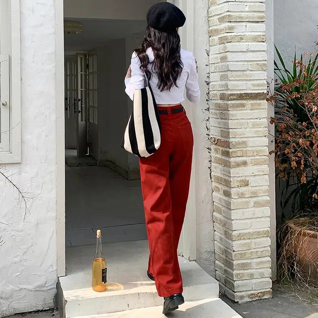 玫丝朵 美式复古高腰宽松学院风直筒牛仔裤 女款