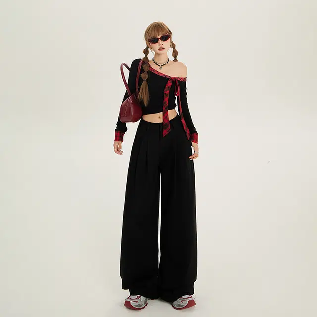 玫丝朵 纯色复古褶皱百搭高腰宽松直筒阔腿拖地牛仔裤 女款 黑色