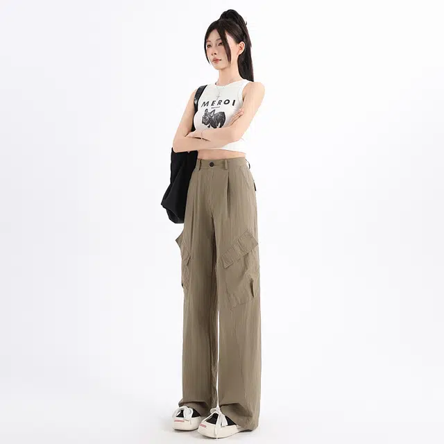 玫丝朵 美式复古街头夏季多巴胺高腰垂感宽松阔腿休闲裤 女款