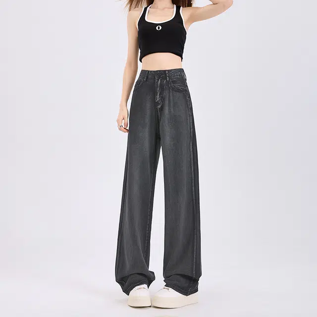 玫丝朵 百搭宽松高腰阔腿牛仔裤 女款 高级灰