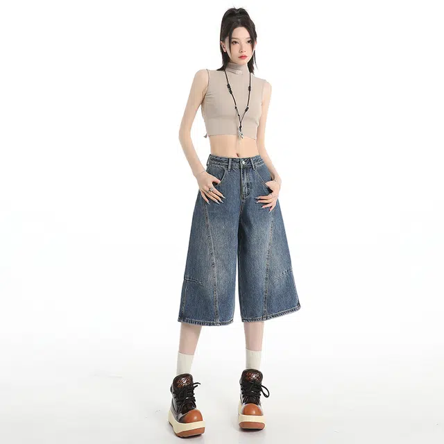 玫丝朵 美式复古高腰阔腿裤宽松百搭七分直筒牛仔短裤 女款