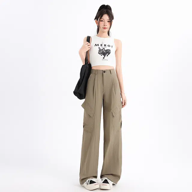 玫丝朵 美式复古街头夏季多巴胺高腰垂感宽松阔腿休闲裤 女款