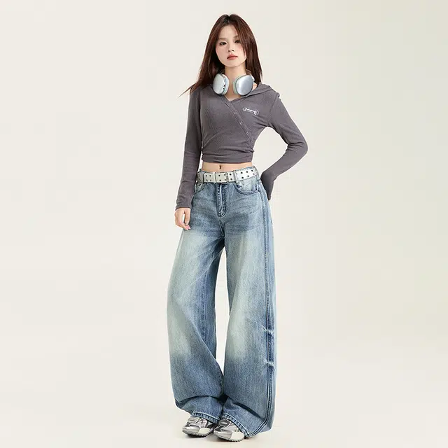 玫丝朵 美式重工水洗做旧设计高腰宽松直筒阔腿拖地牛仔裤 女款 复古蓝
