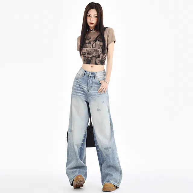 玫丝朵 美式街头做旧水洗磨白直筒阔腿拉链牛仔裤 女款 浅蓝