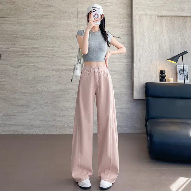 玫丝朵 美式复古弯刀设计感阔腿高腰垂感宽松直筒裤牛仔裤 女款