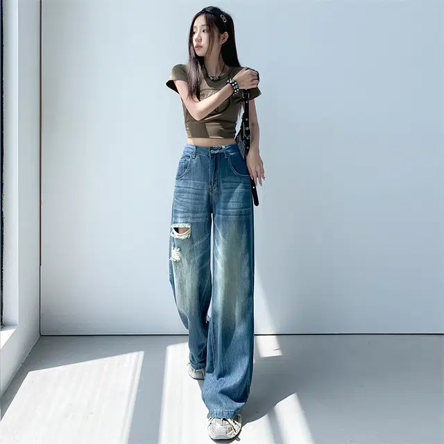 玫丝朵 美式复古舒适阔腿时尚百搭宽松简约牛仔裤 女款