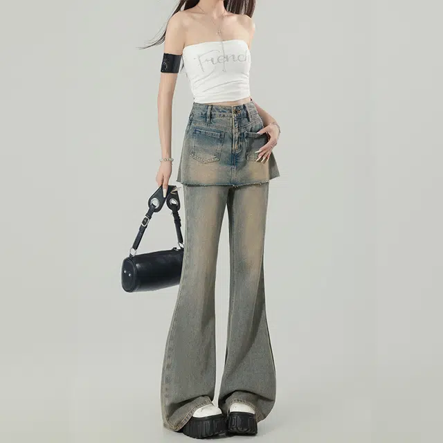 玫丝朵 美式怀旧小众假两件设计喇叭裤女夏季时尚百搭直筒垂感拖地牛仔裤 女款