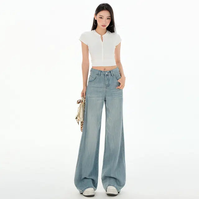玫丝朵 美式复古通勤百搭宽松阔腿垂感牛仔裤 女款