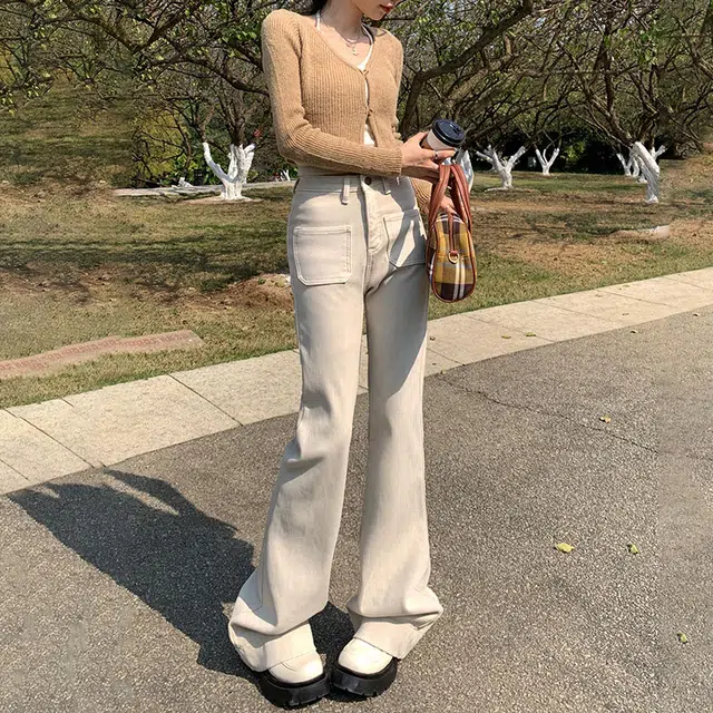 玫丝朵 高腰简约舒适纯色休闲牛仔裤 女款 杏色