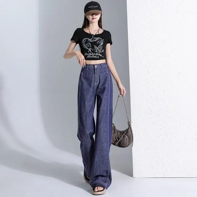 玫丝朵 复古美式宽松高腰直筒设计感显瘦阔腿裤 牛仔裤 女款