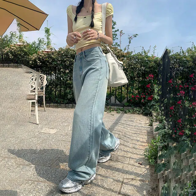 玫丝朵 美式复古做旧设计时尚简约百搭宽松直筒垂感裤子女夏季牛仔裤 女款