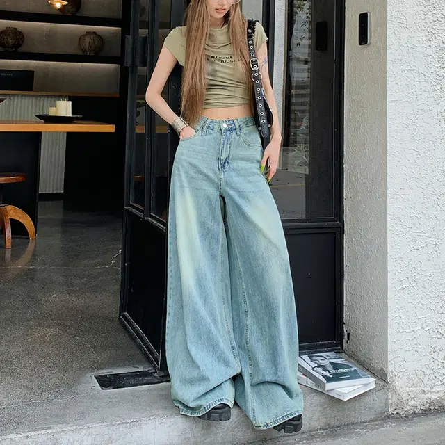 玫丝朵 高腰宽松阔腿设计感休闲百搭拖地牛仔裤 女款 复古甸蓝