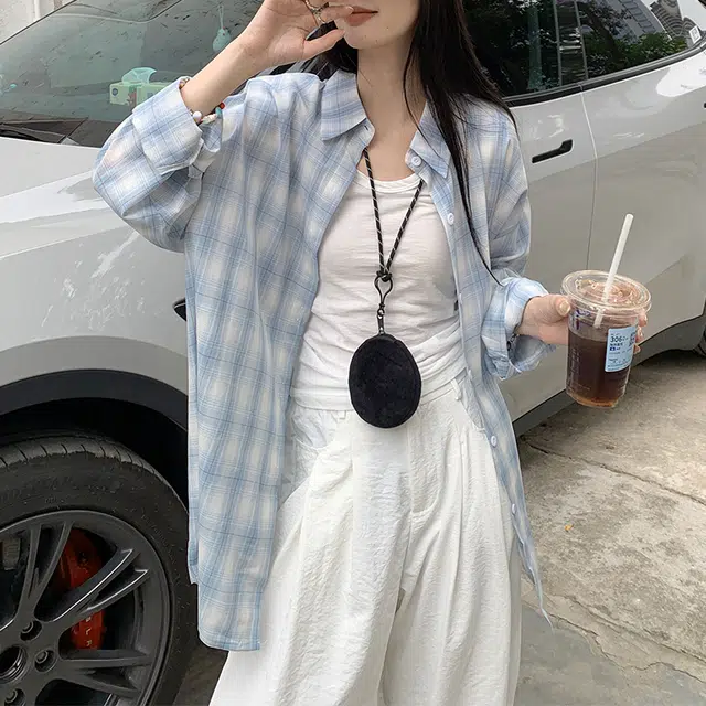 玫丝朵 美式慵懒风开衫格子薄款时尚百搭宽松长袖衬衫 女款