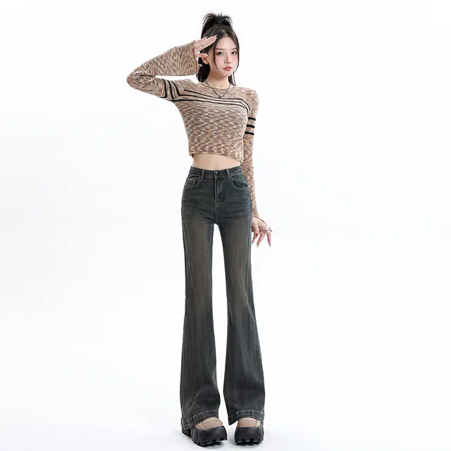 玫丝朵 复古高街做旧猫须设计感微喇拖地牛仔裤 女款
