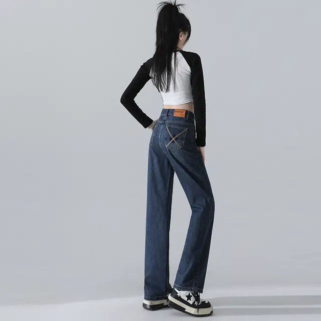 玫丝朵 美式复古做旧高腰宽松直筒阔腿牛仔裤 女款
