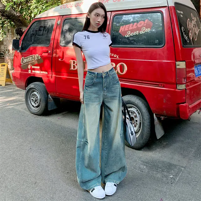 玫丝朵 美式重工拼接扎花宽松弯刀裤慵懒镰刀宽松休闲牛仔裤 女款