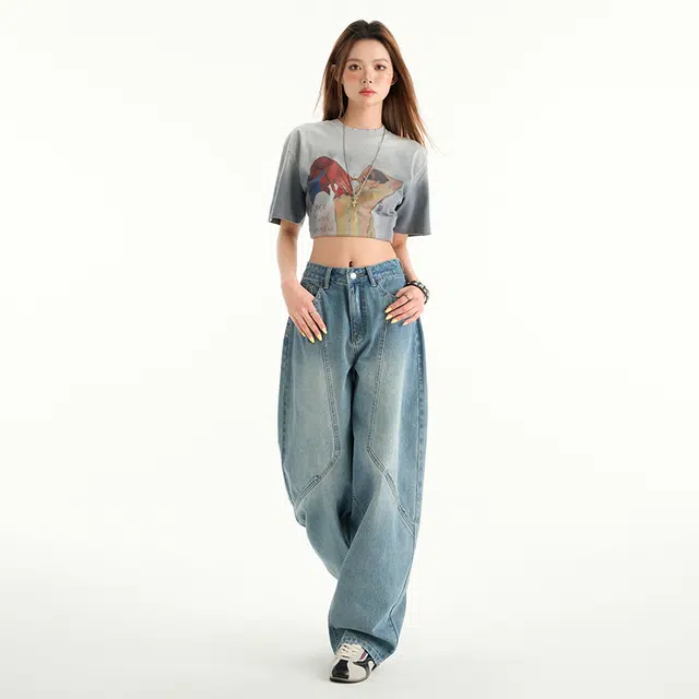 玫丝朵 美式复古廓形弯刀设计宽松百搭直筒牛仔裤 女款 蓝色
