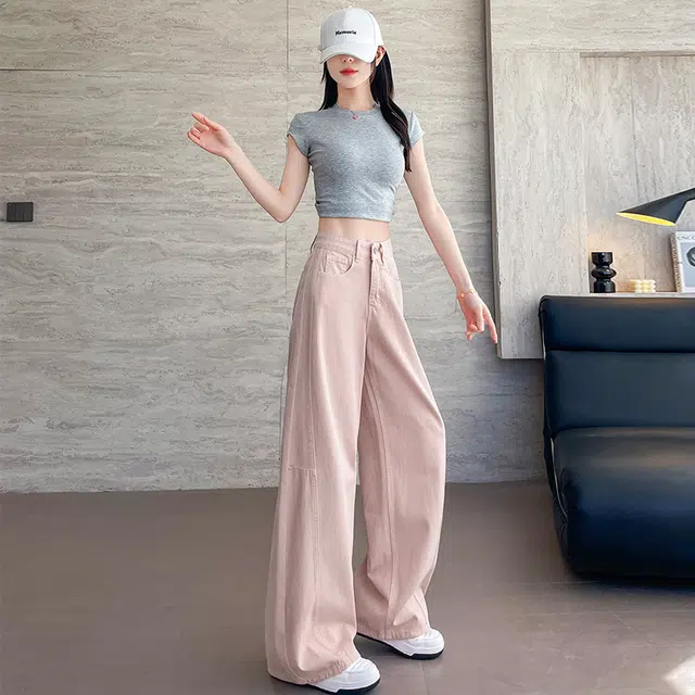 玫丝朵 美式复古弯刀设计感阔腿高腰垂感宽松直筒裤牛仔裤 女款