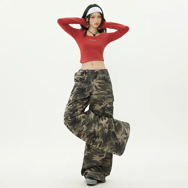 玫丝朵 美式复古口袋工装高街时尚百搭抽绳休闲裤 女款 迷彩