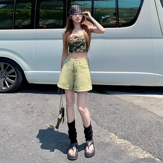 玫丝朵 美式新潮高街辣妹风高腰修身百搭牛仔短裤 女款