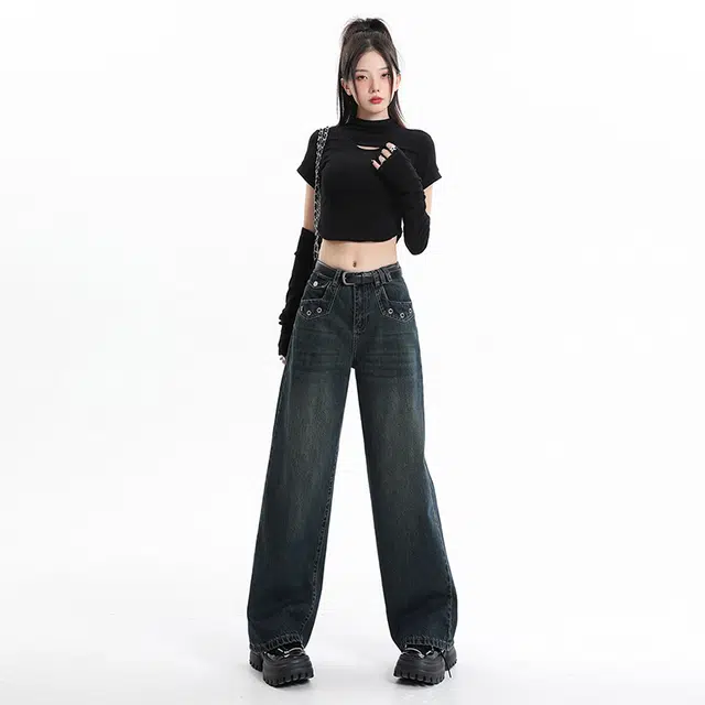 玫丝朵 港风复古拼接口袋鸡眼做旧高腰直筒阔腿牛仔裤 女款 蓝灰色长裤
