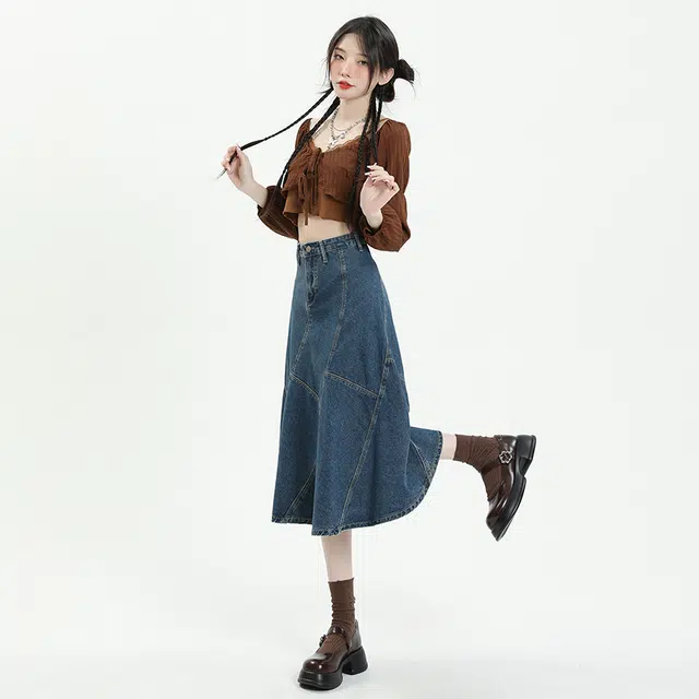 玫丝朵 百搭高腰宽松中长款半身牛仔长裙 女款 蓝色