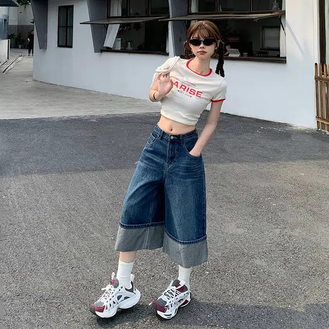 玫丝朵 美式复古高腰宽松气质百搭七分裤牛仔短裤 女款