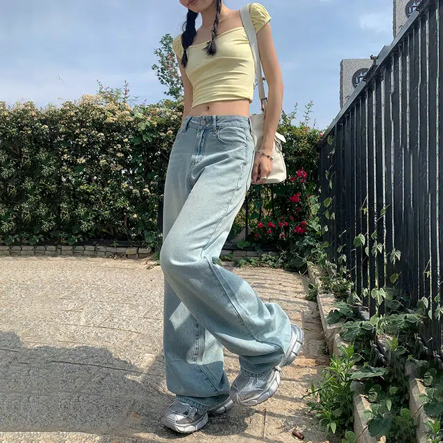 玫丝朵 美式复古做旧设计时尚简约百搭宽松直筒垂感裤子女夏季牛仔裤 女款