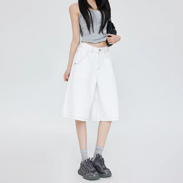 玫丝朵 美式简约百搭设计宽松休闲五分牛仔短裤 女款 白色