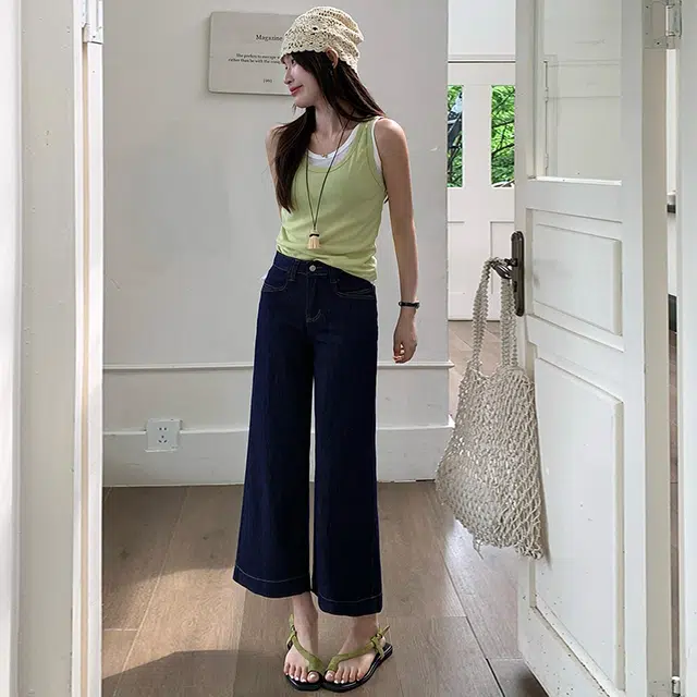 玫丝朵 时尚纯色简约舒适高腰阔腿牛仔裤 女款