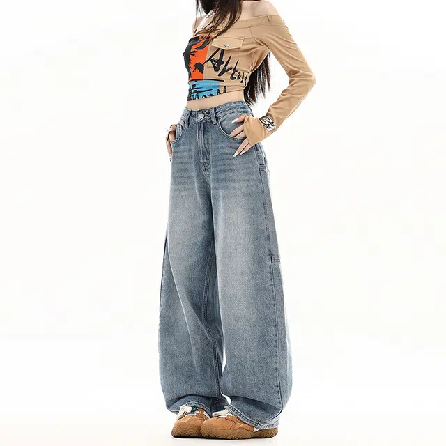 玫丝朵 美式复古潮流百搭流行高腰宽松直筒大口袋个性设计弯刀阔腿舒适牛仔裤 女款