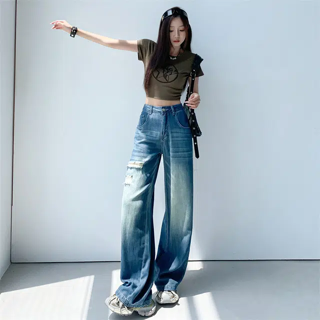 玫丝朵 美式复古舒适阔腿时尚百搭宽松简约牛仔裤 女款