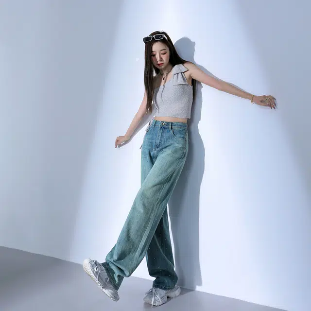 玫丝朵 美式潮流设计时尚百搭宽松阔腿牛仔裤 女款 烫钻孔雀绿