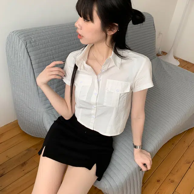 玫丝朵 青春感双口袋翻领短款短袖衬衫 女款 白色
