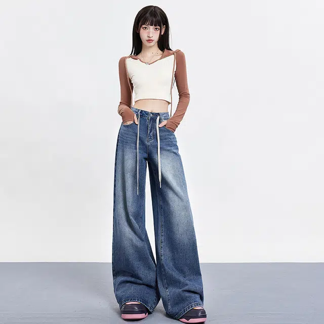 玫丝朵 美式水洗高腰宽松阔腿拖地牛仔裤 女款 复古蓝
