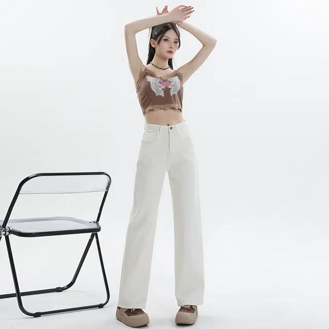 玫丝朵 垂感拖地纯色宽松百搭舒适简约牛仔裤 女款 白色