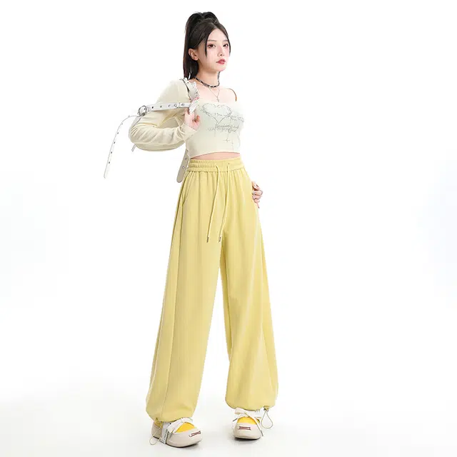 玫丝朵 宽松阔腿裤高腰抽绳束脚休闲裤 女款